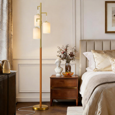 Lampe sur pied en bois pour salon, 178 cm, dimmable, style Mid-Century Modern, 3 ampoules incluses, lampadaire idéal pour chambre, bureau ou chambre d'enfant, lampe de lecture décorative, bois et or