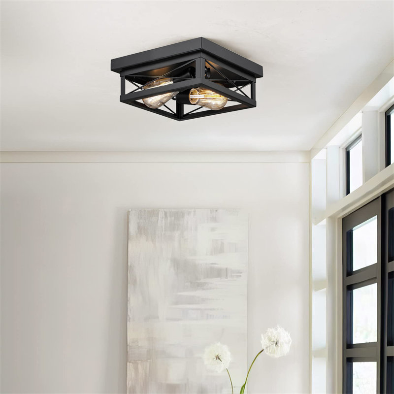 Plafonnier industriel carré 2 lumières Farmhouse, H 8,7 po x l 8,7 po x P 2,75 po, Noir mat