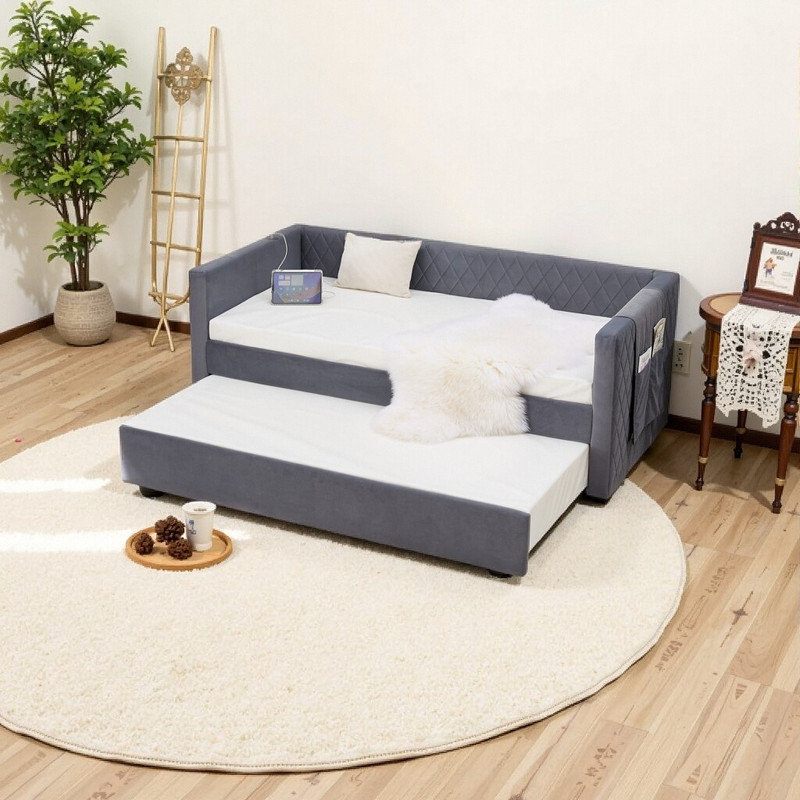 Twin Size Velvet Daybed with Trundle, Modern Diamond Tufted Sleeper Sofa, Gray
