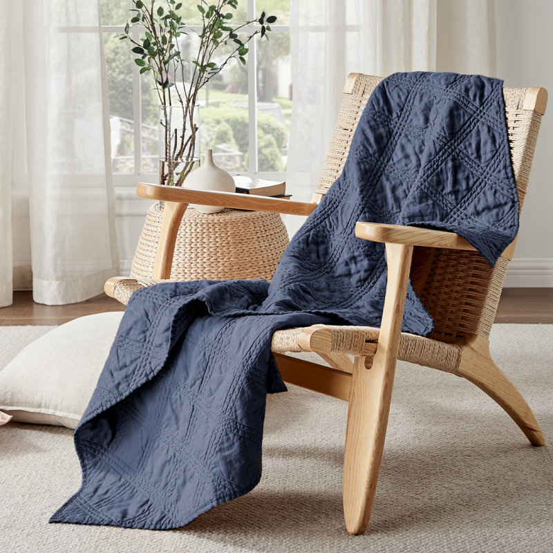 Washed Linen Quilted Throw, Navy