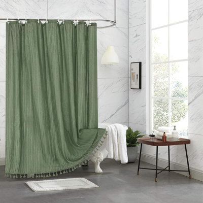 Boho Shower Curtain With Textured Vertical Stripes And Tassel Details - Jacquard Cloth Fabric With Rust-Resistant Button Holes For Modern Farmhouse Or Bohemian Bathroom Decor