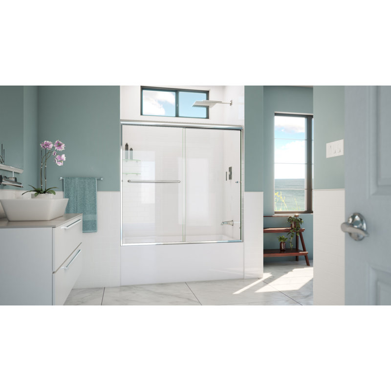 Leter - W x 57.375'' H Bypass Door Frameless Tub Door with, Clear Glass, Right Opening, Polished Chrome