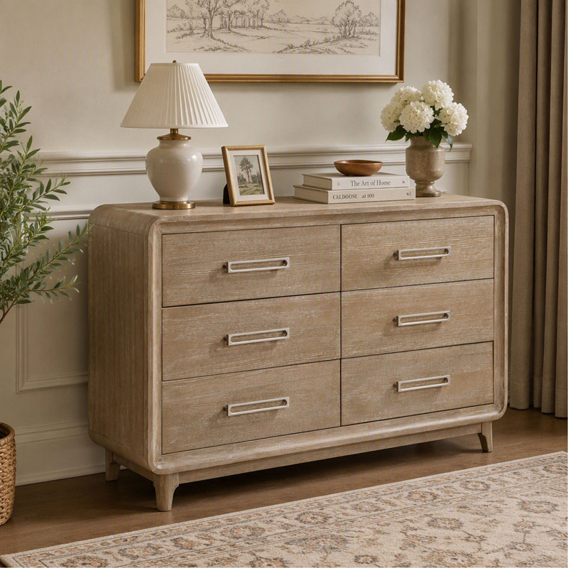 Commode à 6 tiroirs au fini naturel et au design moderne, meuble de rangement élégant pour la chambre et l'organisation de la maison