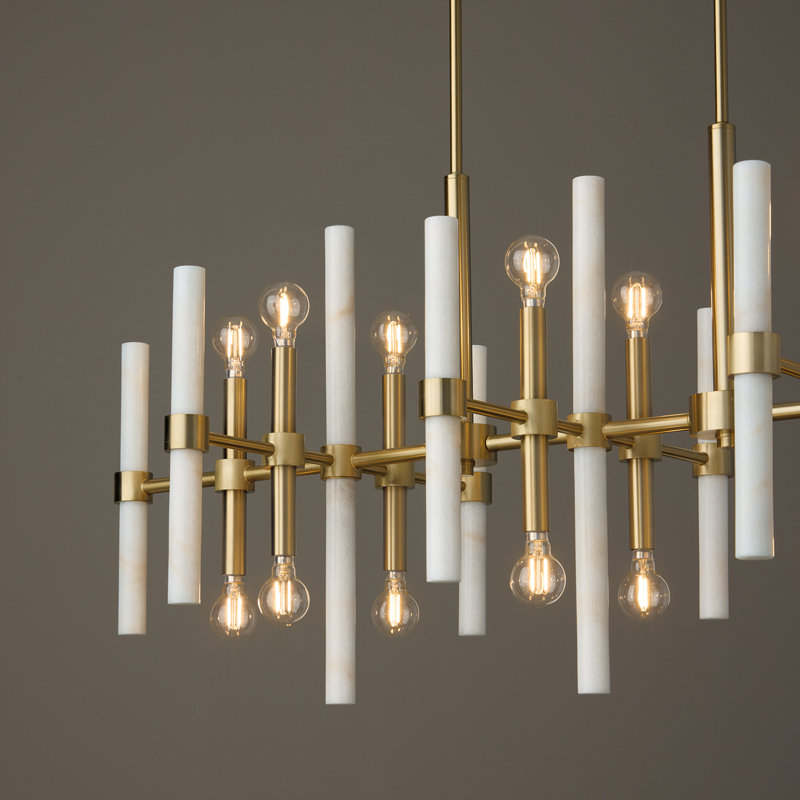 Lustre linéaire à 16 lumières de 47,25 po x H 20,25 po en laiton mat avec tiges de marbre blanc véritable