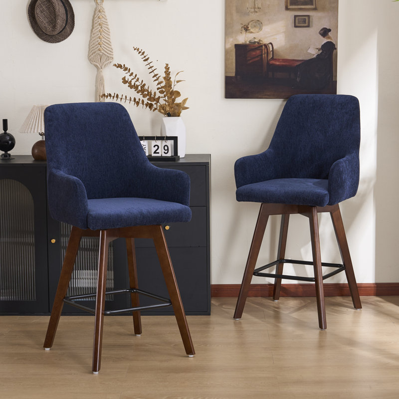 Solid Wood Upholstered Swivel Bar and Counter Stool, Blue Chenille, 1
