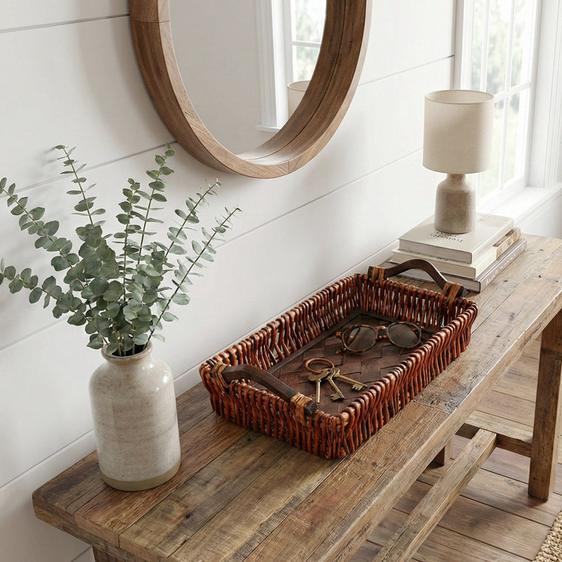 Handwoven Wicker Bathroom Vanity Tray – Farmhouse Countertop Organizer, Honey Brown