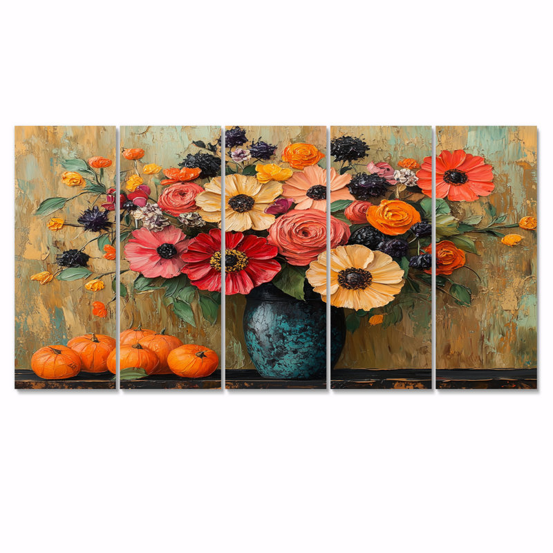«Orange and Pink Flowers Harvest Delights», ensemble de reproductions d'art mural, H 32 po x l 80 po