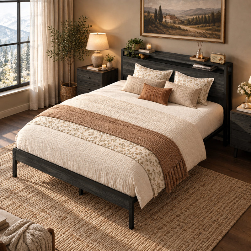Cadre de lit double avec tête de lit, finition en bois foncé, supports en métal robustes, robuste, silencieux, aucun sommier tapissier requis