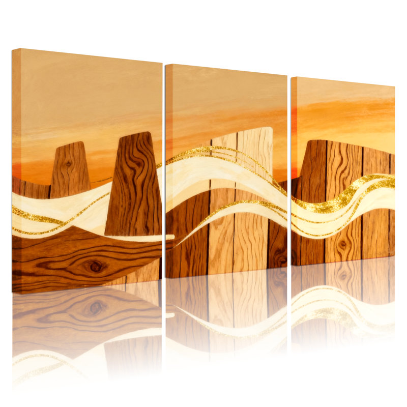 «Nautical & Beach Wooden Waves Sunset», ensemble de 3 impressions sur toile, H 18 po x l 36 po