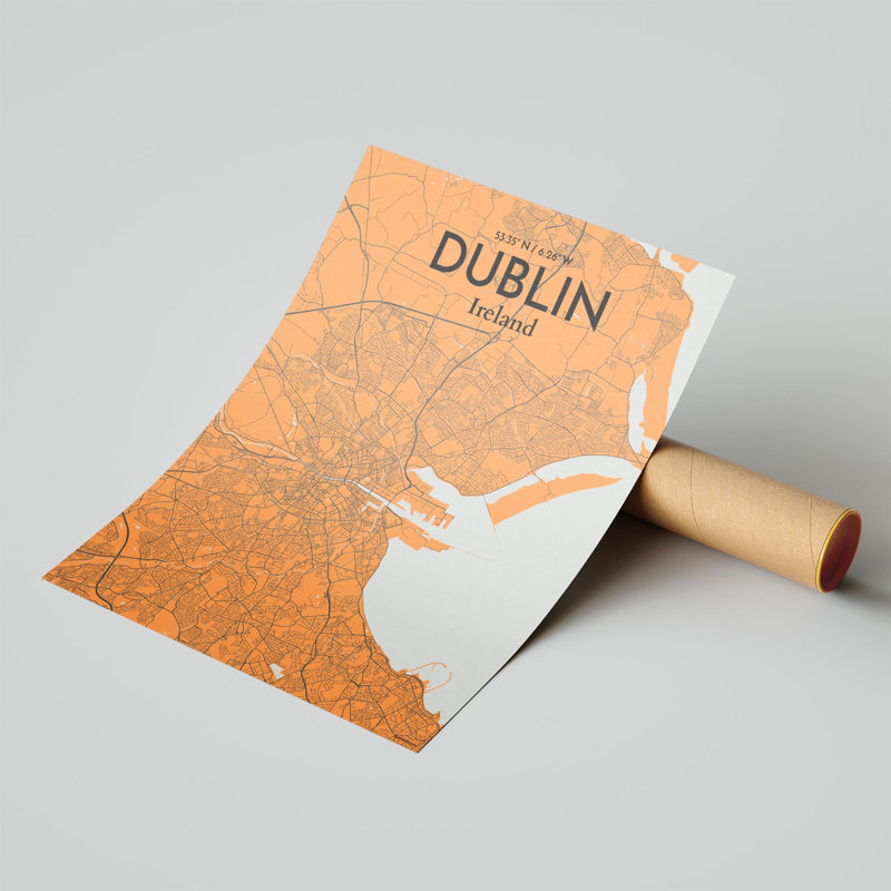 «Dublin City Map», impression de luxe, H 20 po x l 16 po, Orange / gris