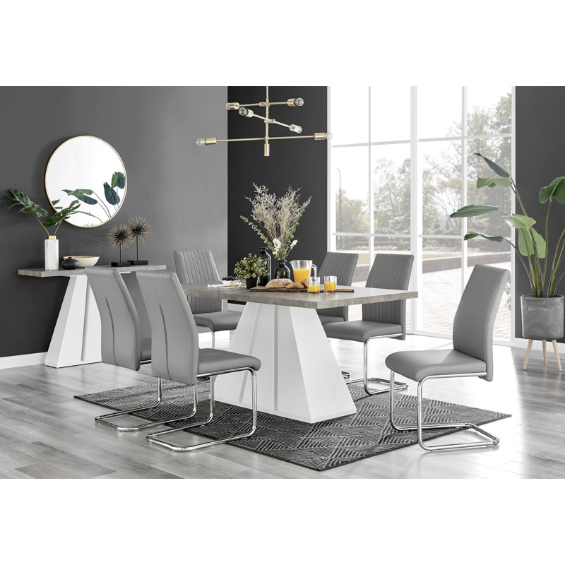 Athena Modern Marble Effect & High Gloss Dining Table Set with 6 Upholstered Faux Leather Chairs, Grey Marble, Grey