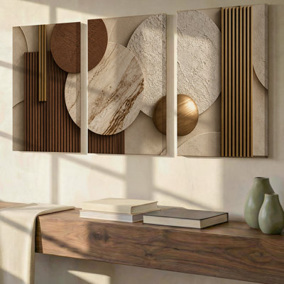 3 Pieces Exculisive Walnut Travertine and Brass Sculptural Relief Wall, Modern Canvas Decor for Living Room, Bedroom, Office and Home, Ready to Hang