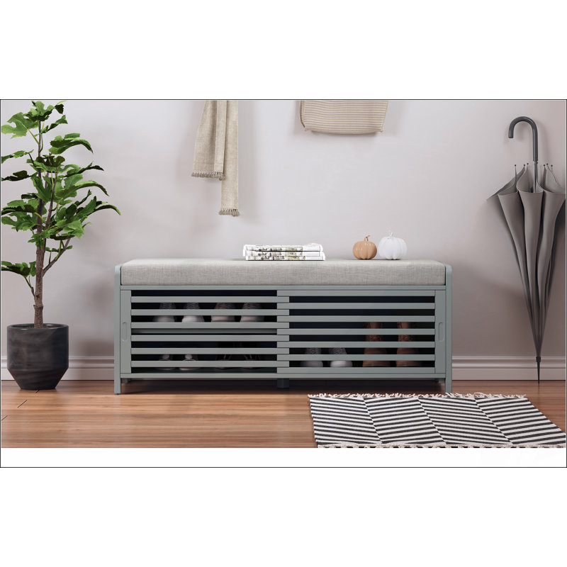 Banc de rangement à volets vieillis avec placage d'acacia pour un charme rétro pour le salon, le vestibule (), Gris