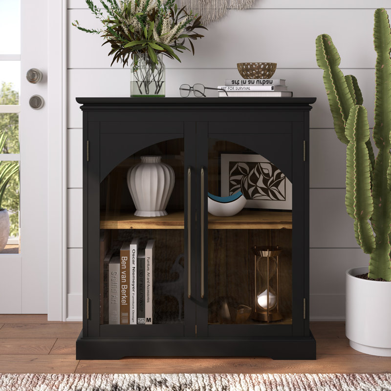 Sherree 33" Gothic Modern Arch Transitional Accent Storage Cabinet with Glass Doors, Black