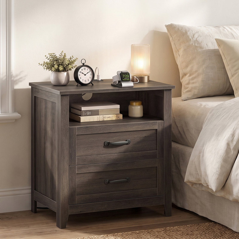 Table de chevet 24 po avec station de charge et table de bout avec 2 tiroirs, Taupe