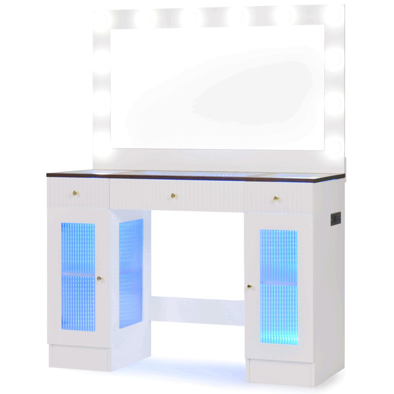 Meuble-lavabo de 43,3 po avec grand miroir et ampoules Hollywood