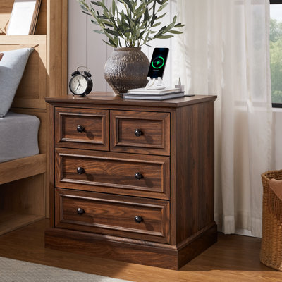 26"W  Farmhouse Nightstand With 4 Large Drawers，Wide End Table With Charging Station