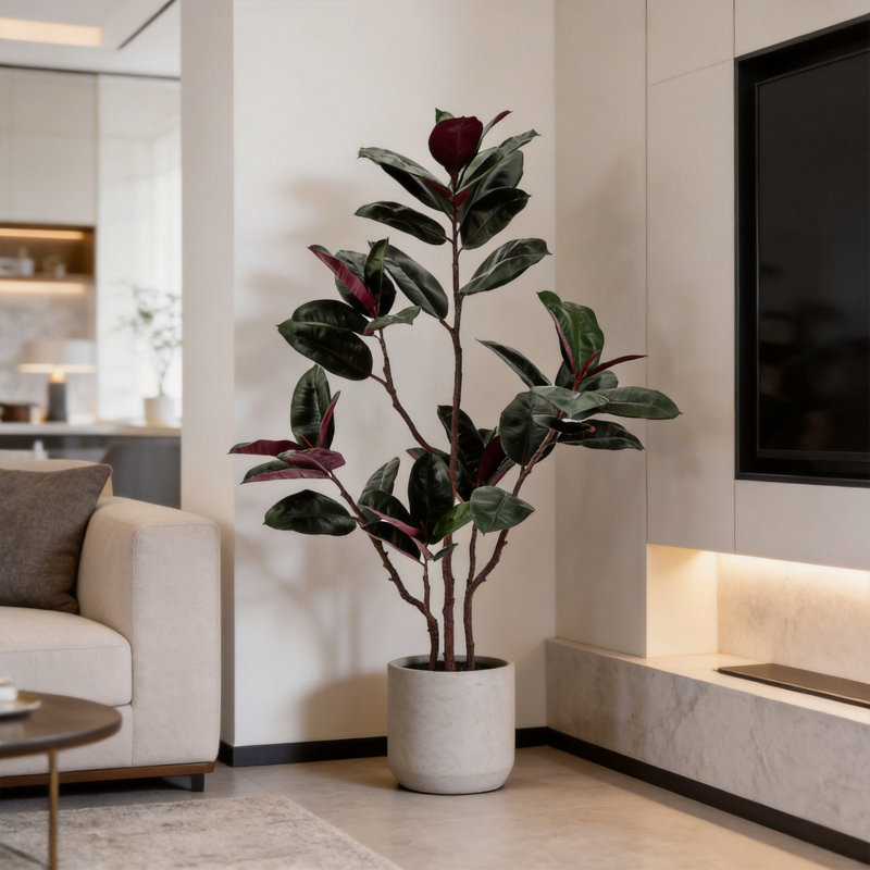 Hévéa artificiel de 4 pi avec plante pliable verte et branches pliables en ciment noir