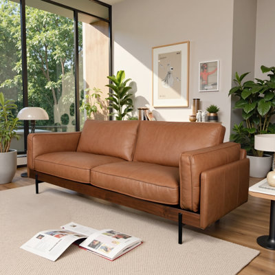 Zeeland Mid-Century Modern Leather Sofa with Solid Wood Base & Metal Legs