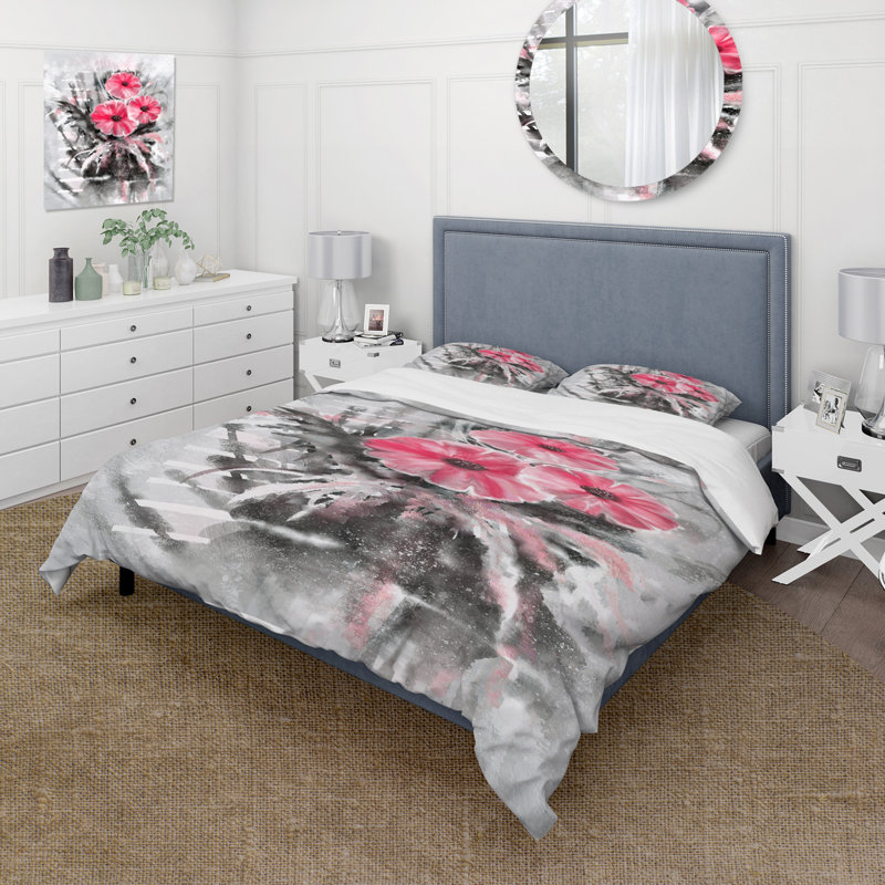 Pink/Grey Microfiber Duvet Cover Set, Queen Duvet Cover + 2 Standard Shams