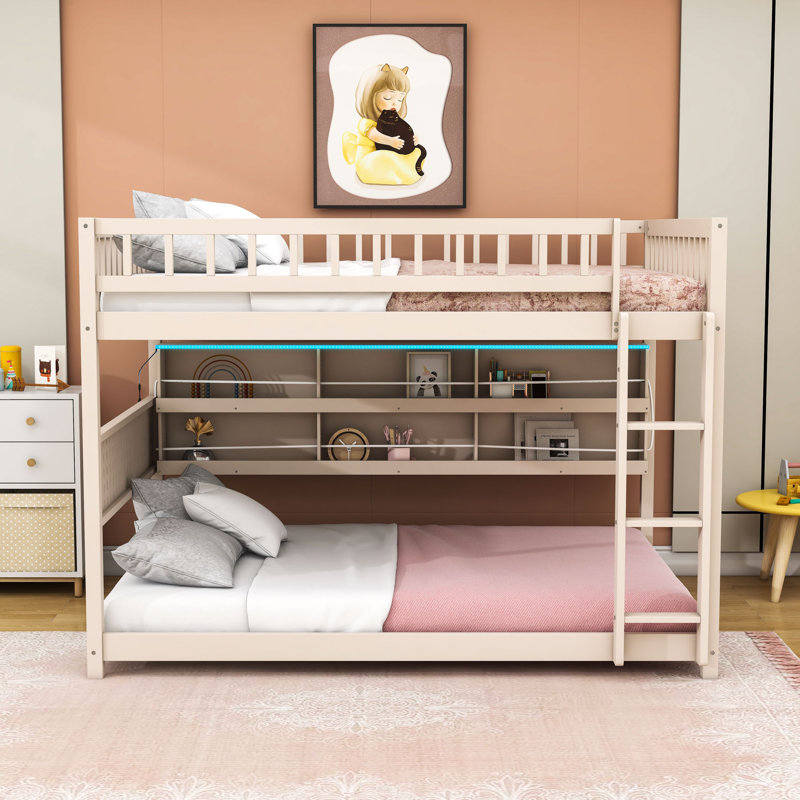 Lit superposé double en bois avec tablettes de rangement, Beige
