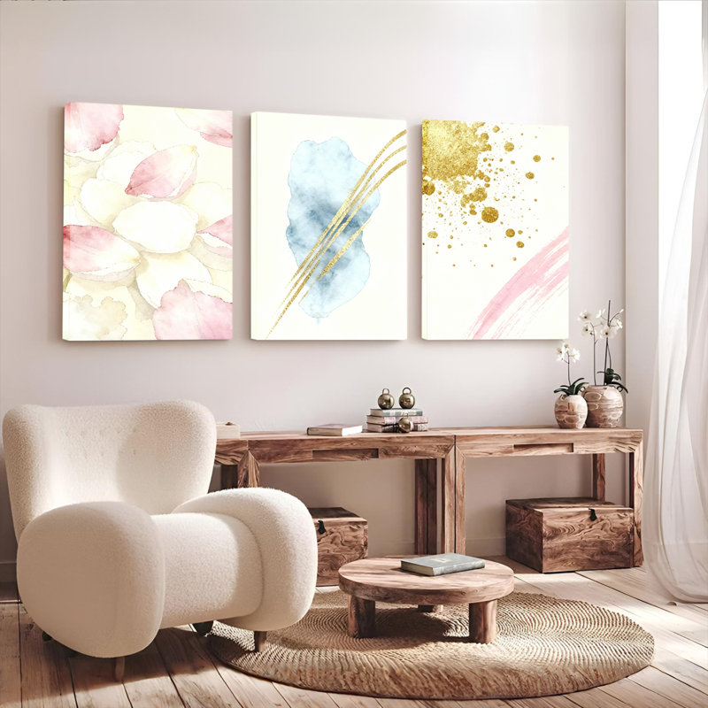 Ensemble de 3 tableaux abstraits floraux à l'aquarelle avec accents dorés sur toile tendue, H 36 po x l 72 po