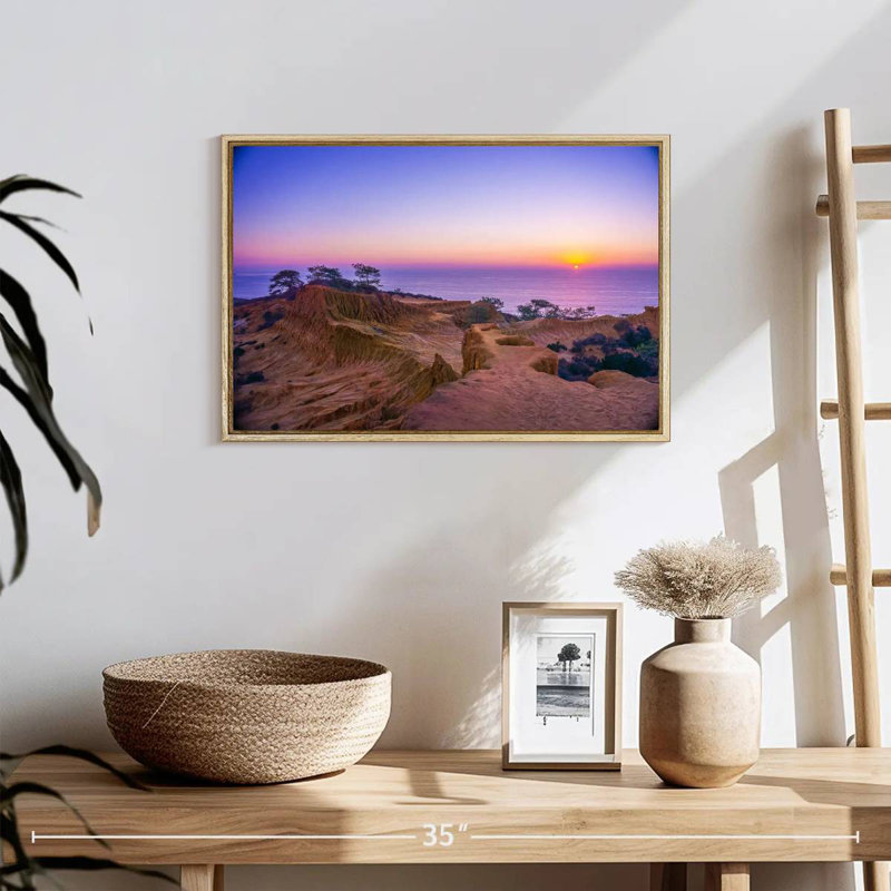 Coucher de soleil Torrey Pines, 19 po x 13 po, Cadre flottant en bois naturel