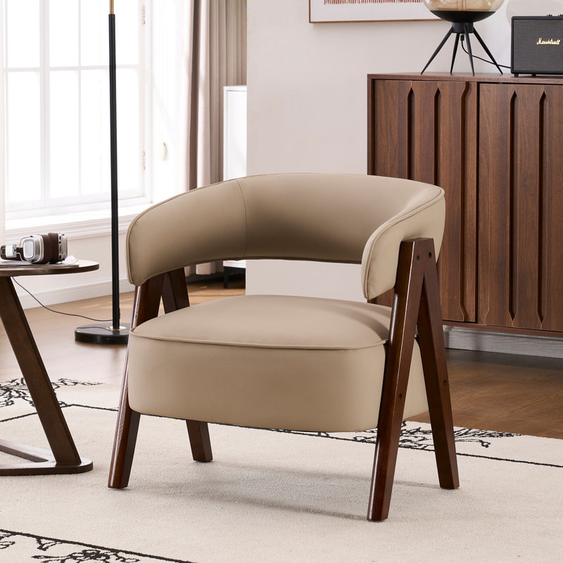 25"W Extra Wide Armchair With Wood Legs, Faux Leather Upholstered Accent Chair With Wingback, Mid-Century Modern Barrel Chair With Curved Arms, Thick Cushion For Living Room Bedroom Cafe, Khaki