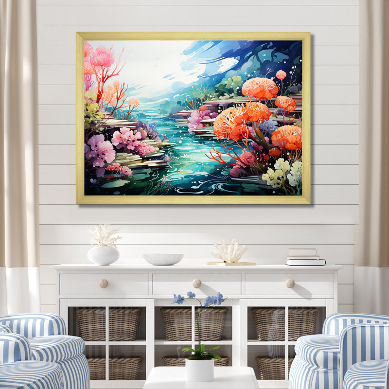 Jardin de corail réaliste sous l'eau III - art de corail, Cadre flottant noir, H 24 po x l 32 po x P 1 po