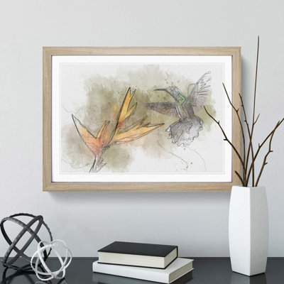 Hummingbird by a Flower in Abstract - Framed Print