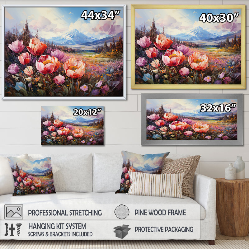 «Tulipes mauves sur une montagne», impression sur toile, Cadre simple noir, H 24 po x l 32 po x P 1 po