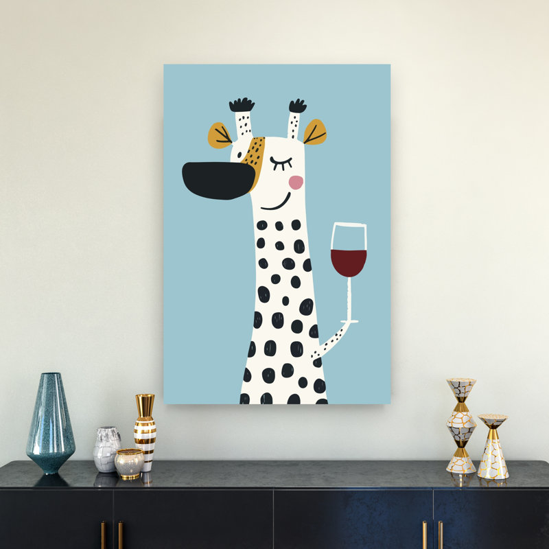 Smiling Giraffe With Wine Contemporary Elegant Minimalist Giraffe Wall Art Print by Andreas Magnusson - Wrapped Canvas Print
