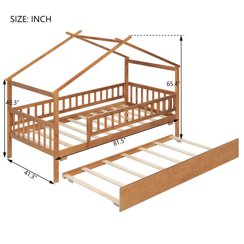 House Style Bed With Built In Trundle, Walnut, Twin