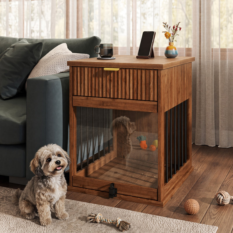 Table d'appoint en cage noyer 23,6 "avec plaque de chargement et tiroir pour petits chiens de taille moyenne, salon