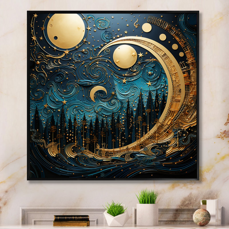«Moon Moon and Gold Cerulean Cycle Dreams I», reproduction sur toile, Cadre flottant noir, H 30 po x l 30 po x P 1 po