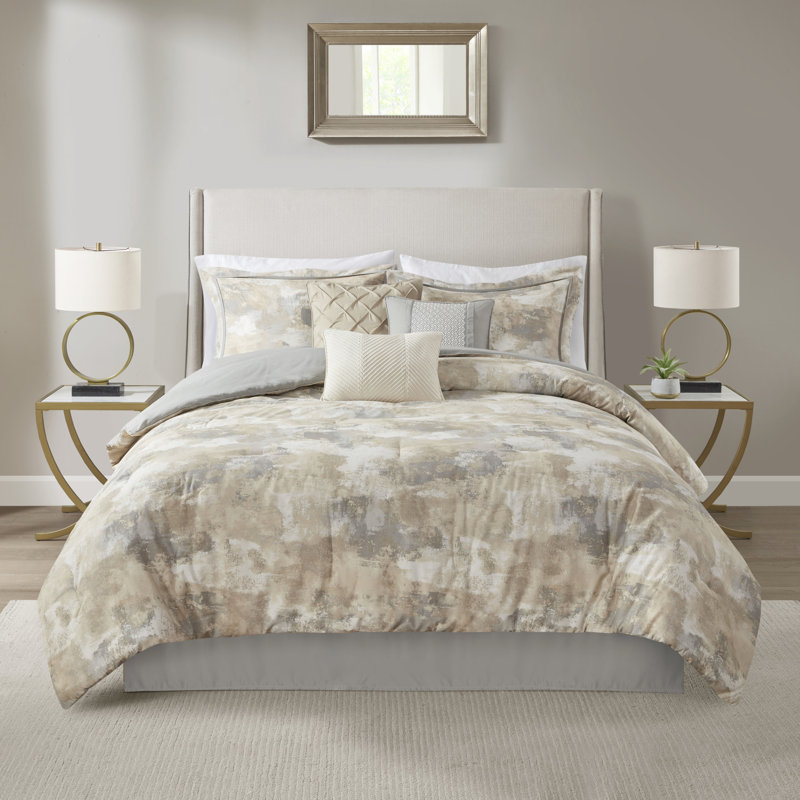 Édredon 7 pièces en très grand gris avec tissu tissé et jupe de lit moderne de couleur taupe