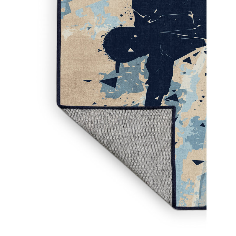 Machine Washable Osnas Breakdancer Eclectic Abstract Rug in Beige – Navy Binding, 8x10