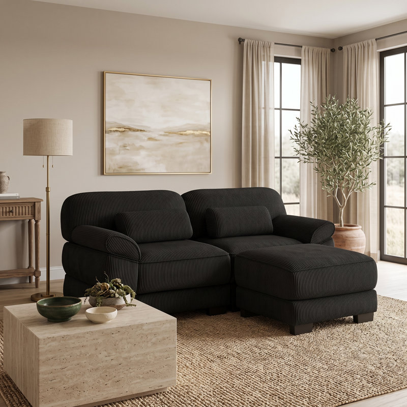 Canapé d'angle modulaire 2 places en velours côtelé noir avec pouf amovible et assises profondes, 2 places + 1 repose-pieds