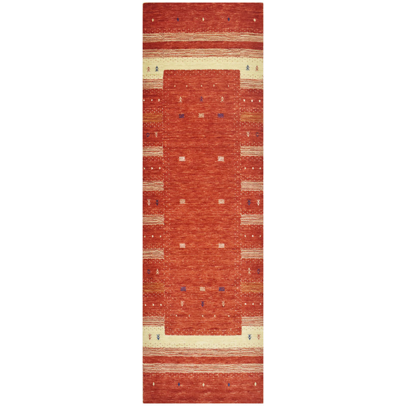 Tapis rouge et beige noué à la main de haute qualité, Tapis de couloir 2 pi 6 po x 8 pi