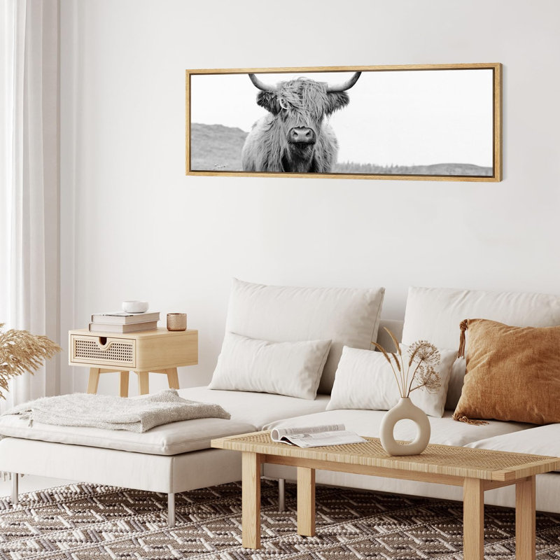 «Animals Highland Cow», portrait en noir et blanc sur toile, H 20 po x l 60 po, Naturel