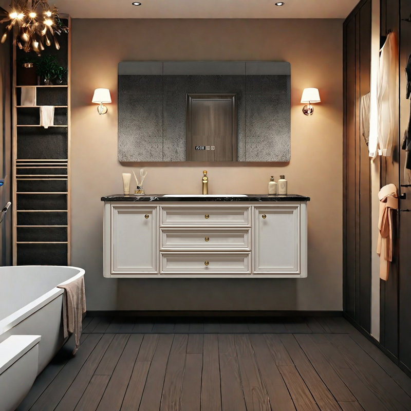 Armoire de salle de bain moderne de style américain, H 21,65 po x l 51,18 po x P 21,65 po, Crème