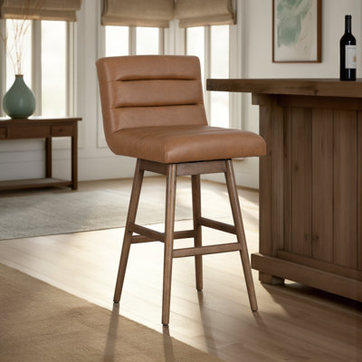 Kaylnn Mid-Century Modern Swivel Rubberwood Counter Or Bar Height Barstool With Faux Leather Seat