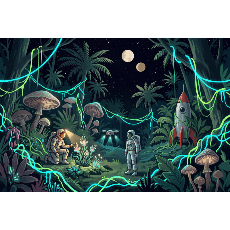Night Jungle Wallpaper Astronauts Rocket Ship Removable Wall Decor, Textured Non-Pasted, 140"x108"