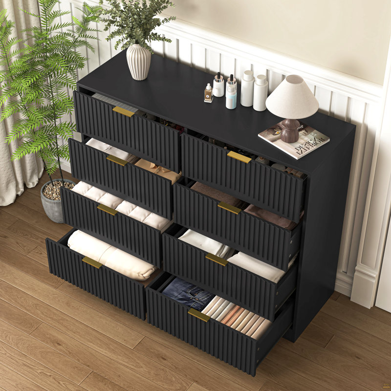 Commode 8 tiroirs pour chambre à coucher, commode en bois de 47,2 po de largeur avec poignée en métal doré