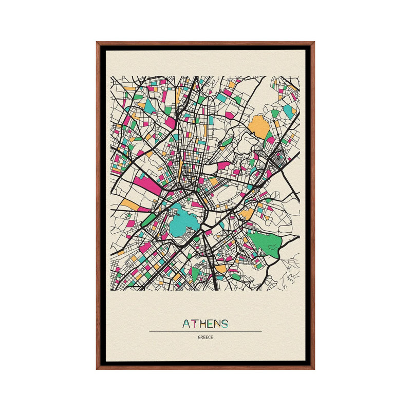 Athens, Greece Map 1 Piece Wall Art on Canvas, 66.04 cm H x 45.72 cm W, Brown Floater Frame