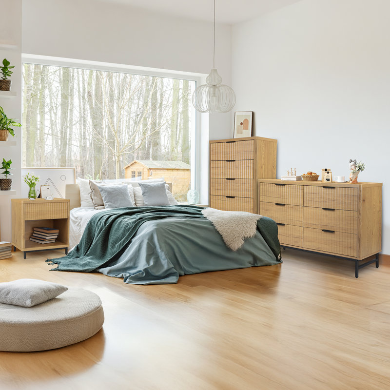 Natural Oak Fluted Nightstands with Drawer Storage and Metal Legs