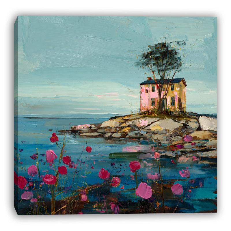 «Coastal Pink House», art mural sur toile tendue, l 40 po x H 40 po x P 1,5 po