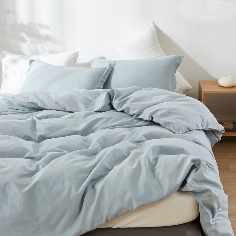 Ensemble de housse de couette en lin , Housse de couette double + 2 taies d'oreiller stan, Bleu cendré
