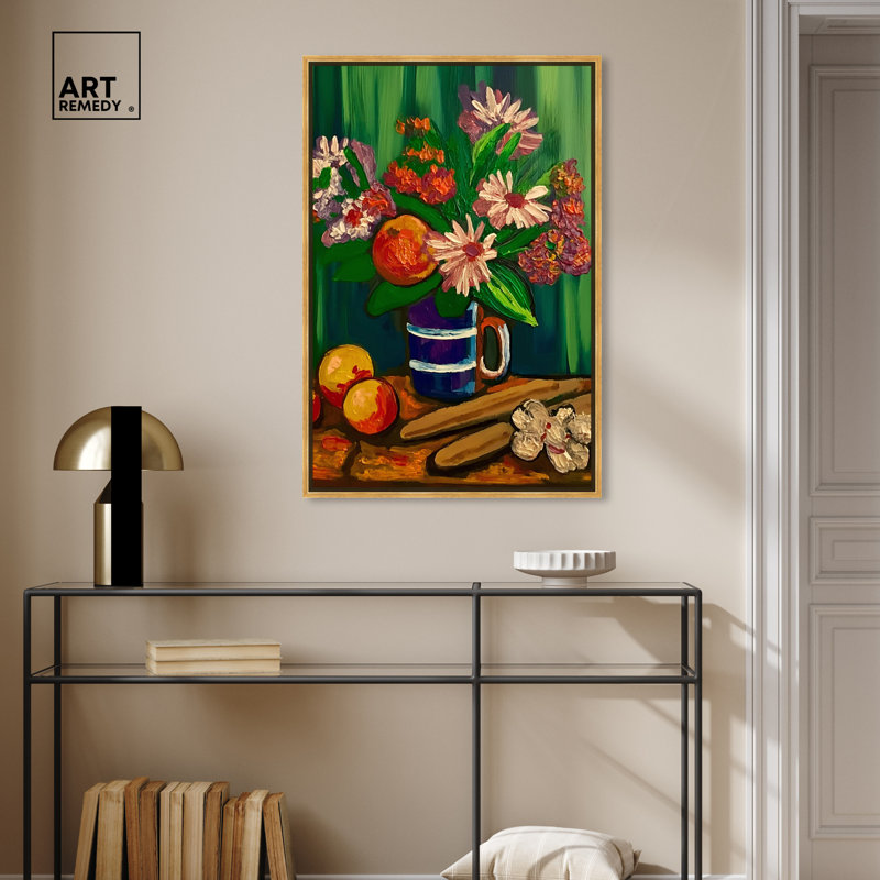 Vase floral et fruits, Encadrement doré, H 55 po x l 37 po