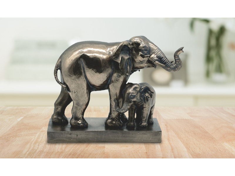 9" W Bronze Elephant with Cub Figurine